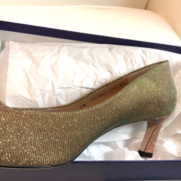 Stuart Weitzman Chelsea Gold Heel Pump Square Toe Dress Evening Fashion Shoe 8.5 - Picture 9 of 12
